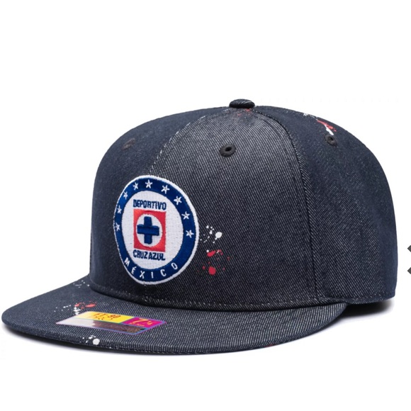 Cruz Azul Fan Ink Hat Football Soccer Navy Paint Splatter Fitted 7 3/8 Cap NEW - Picture 2 of 6